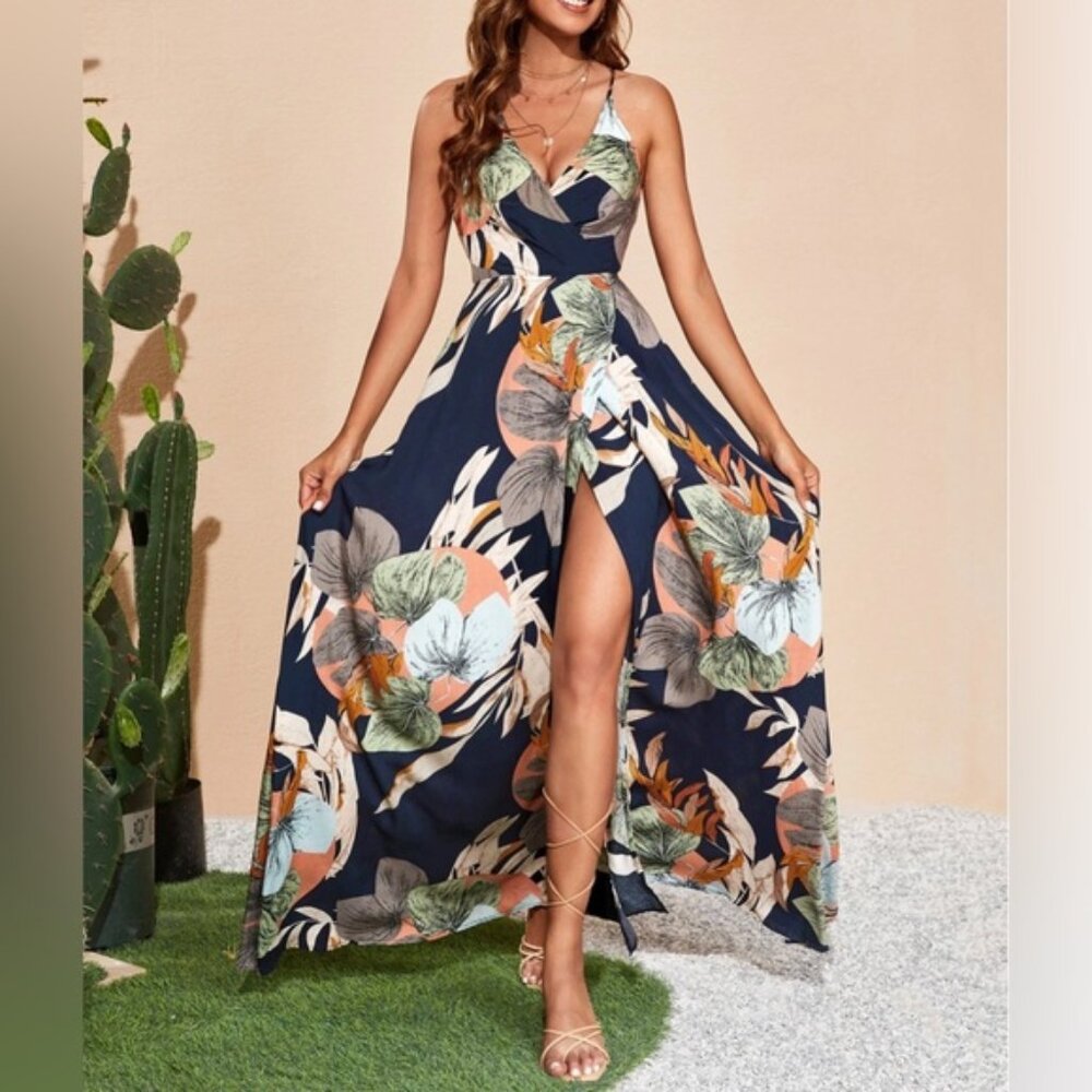 Tropical Print Backless Slit Thigh Cami Maxi Dress
